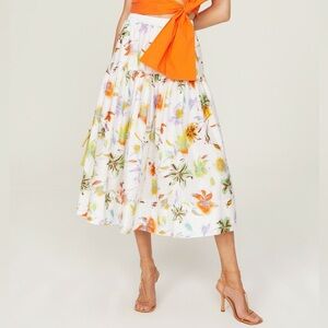 Tanya Taylor Lara White Floral Multicolor Cotton Tiered A-line Midi Skirt EUC XL